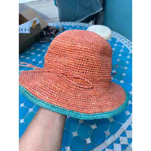 VINTAGE FLORA BELLA 100% RAFFIA ADJUSTABLE STRAW HAT CORAL TURQUOISE - Picture 1 of 6